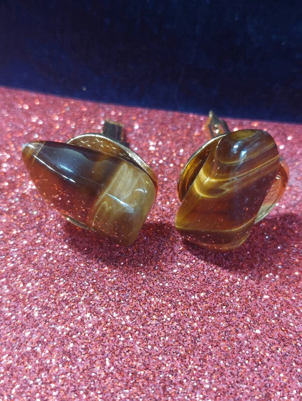 Vintage Estate Toggle Back Cufflinks, Tiger's Eye & Ocean Jasper, Two Pairs